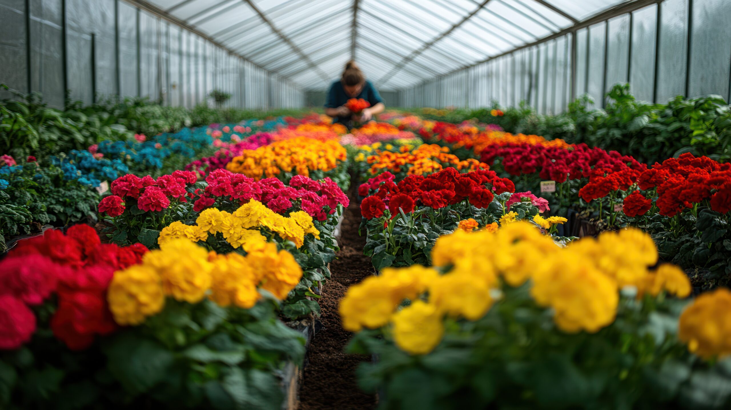 gardener tending vibrant colorful flowers in greenhouse.