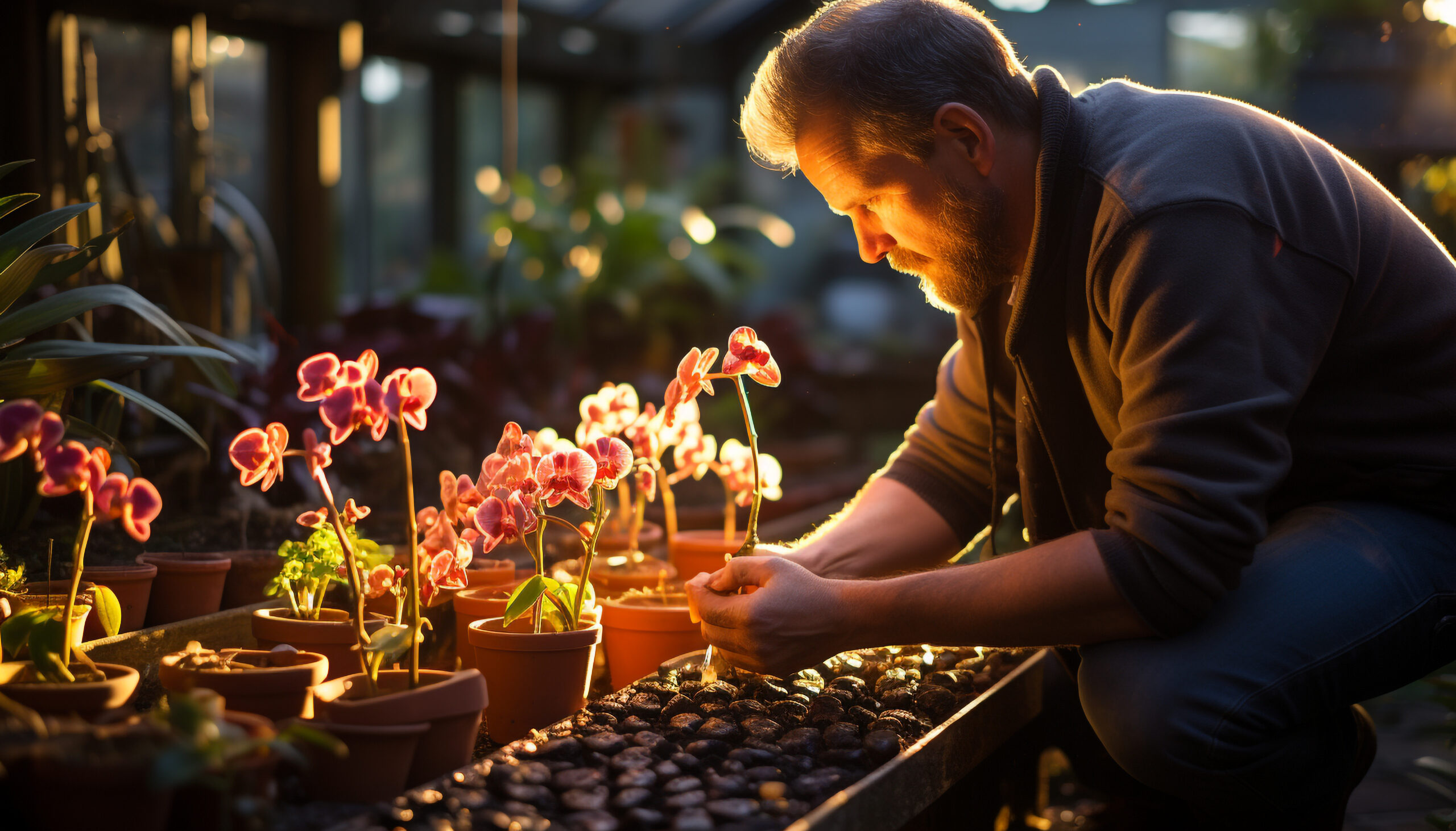 a mature man planting flowers in a greenhouse, enjoying his hobby generated by ai