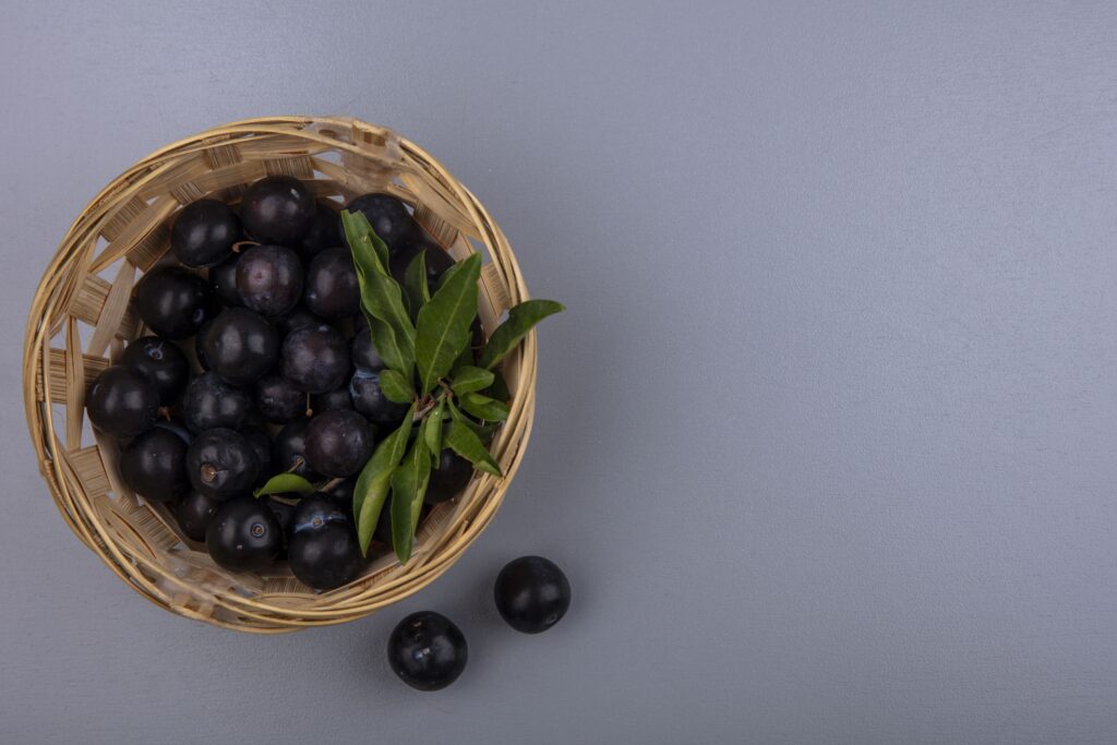 top view copy space cherry plum basket gray background (1)